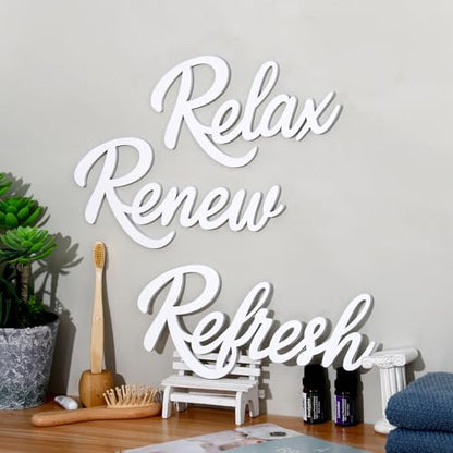 3 Pieces Bathroom Decor Wooden Bathroom Sign,Relax Renew Refresh Sign (White) - color: White