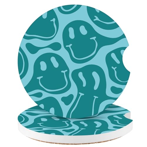 Car Coasters,Purple Smily Absorbent 2 Pack for Cup Holders with Finger Notch,2.56 inches Ceramics Heat Resistant Anti Slip Cork Base Car Drinks Coasters Auto Cup Holder(Blue-Green Smiley face) - color: Blue-green Smiley Face