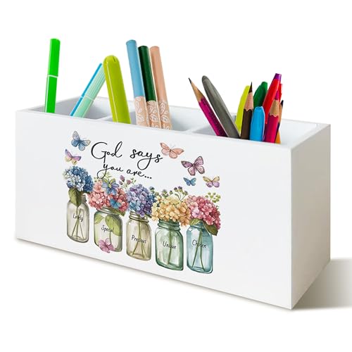 Christian Office Decor, Christian Pen Holder for Office Desk Decor, Hydrangea Bible Verse Wooden Pencil Holder Sign Organizer for Desk, Inspirational Hydrangea Gifts for Women Men - color: light yellow