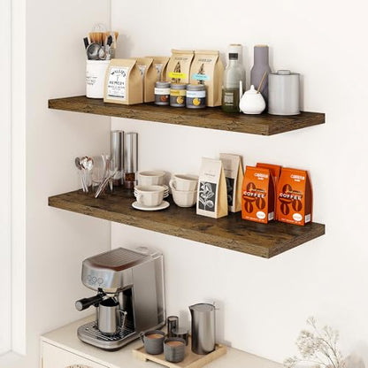 Dreamland 40" Floating Shelves for Wall, 12" Deep Slim Rustic Brown Floating Shelves, Wall-Mounted Shelves for Bedroom, Living Room, Kitchen, Bathroom - Set of 2