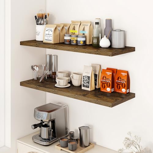 Dreamland 40" Floating Shelves for Wall, 12" Deep Slim Rustic Brown Floating Shelves, Wall-Mounted Shelves for Bedroom, Living Room, Kitchen, Bathroom - Set of 2