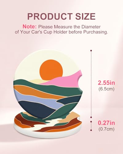Swooflia Car Coasters for Women - Boho Landscape Car Cup Coasters Absorbent Cup Holder Coasters for Car 2 Pcs Ceramic Car Cupholder Coaster with Cork Base Car Interior Accessories - color: Brown Sun and Moon