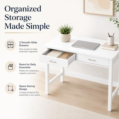 4NM 39.4" Small Desk with Wood Drawers, Home Office Computer Desk with Wooden Legs, Study Writing Table Vanity Desk for Small Spaces - White - color: White