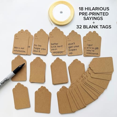 50Pcs Kraft Gift Tags with Golden Ribbon | 18 Unique Funny Sayings & 32 Blank Brown Paper Tags, for Christmas Birthday White Elephant - color: Brown Kraft Paper