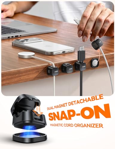 JOYROOM Detachable Magnetic Cord Organizer w/Secure Snap-Lock, 2-in-1 Adhesive& Magnetic Cable Clips, Auto-Fit Spring Management for φ1.5~8mm Cables, Under Desk Nightstand Home Office Car Wire Keeper - color: Black