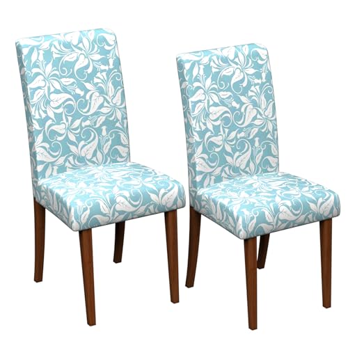 Stretch Dining Chair Covers Set of 2,Floral Print Chair Covers,Soft Removable Washable,Pet Friendly Furniture Protector,Universal Chair Slipcovers for Home, Kitchen,Ceremony Dining Room Seat - color: Light Blue Curly Leaf Pattern, size: 2PCS