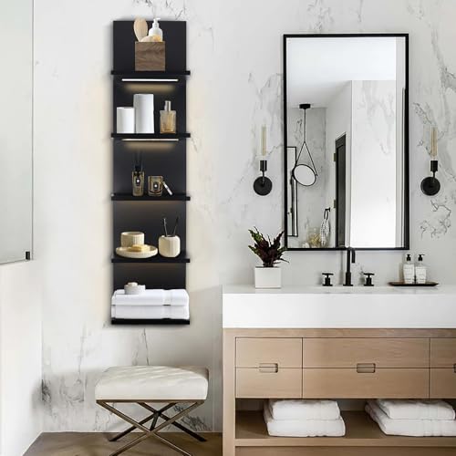 5 Tier Wall Shelf Unit, Black Shelves,Lack Shelf, Wall Shelves for Bedroom，Office,Bathroom, Vanity Shelves with LED Remote Control Light - color: Black