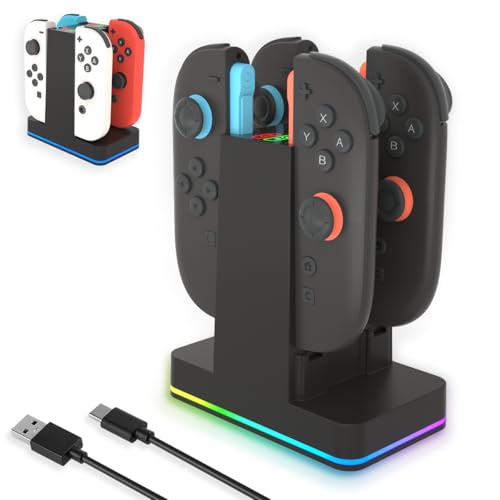 PURBHE Switch 2 JoyCon Charging Dock for Nintendo Switch Controller Charger, Accessories for Nintendo 1/2 Charging Station with RGB Light - 4 in 1 Charge Switch 2 with 60cm USB- C Power Cord - size: 60cm