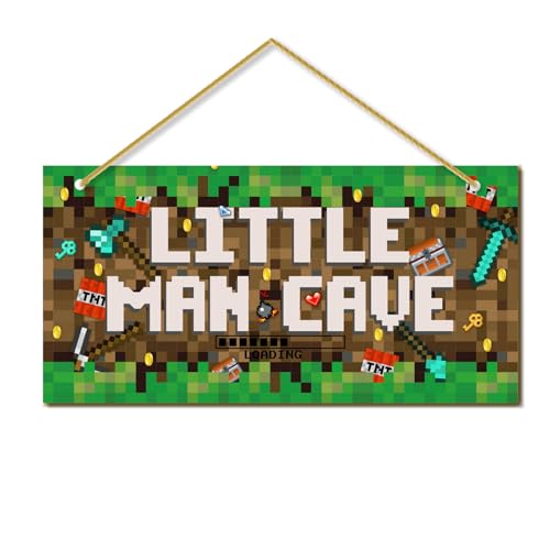 Little Man Cave, Boys Pixel Gaming Room Decor Wooden Door Sign for Gamer Room, Baby Boys Bedroom Wall Decorations for Nursery Toddler Nursery Playroom Wall Art - color: boy cave (game02)