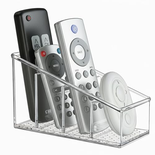 Clear TV Remote Control Holder, PET Remote Caddy with 4 Compartments, Mini Desktop Organizer for Remotes, Pens, Office Desk and Bedside