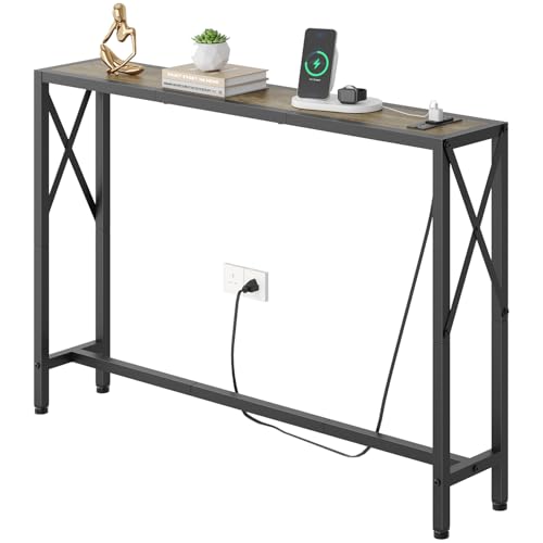 Gewudraw 41.7" Console Table, Narrow Behind The Couch Table with Outlet, Industrial Skinny Sofa Table for Hallway, Entryway, Living Room,Walnut - color: Light Grapefruit, size: 41.7W