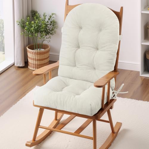Rocking Chair Cushion - Plaid Corduroy Fabric, High-Density Sponge, Durable Comfort Non-Slip Bottom Tufted Seat Pads with Ties, Plaid Corduroy︱White, 44x19x4 inch - color: Plaid Corduroy | White
