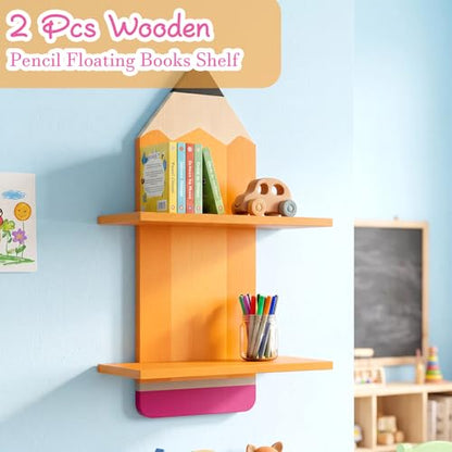 Gerrii 2 Pcs Pencil Wall Bookshelf for Classroom Pencil Classroom Decor Wooden Floating Shelves Rustic Wood Floating Shelf Back to School Party Decoration for Nursery School Daycare Storage