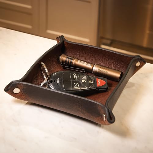 Valet Tray – Full-Grain Leather Catchall Organizer for Keys, Phone & Wallet – Rustic Nightstand & Desk Tray with Raised Sides – Handmade in USA (Vintage Brown, Small Square) - color: Vintage Brown, size: Small Square