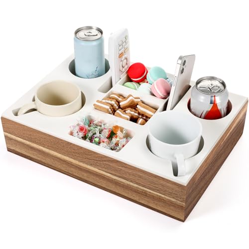 Yerliker Couch Cup Holder Tray, Silicone Lining Couch Caddy Waterproof Anti-spill Sofa Cup Holder for Bed Car Seat Organizer, Hold Mugs, Drinks, Snacks, Phones, Remotes(Rectangle,White,Acacia) - color: White, size: Acacia