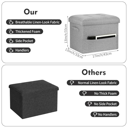 Folding Storage Ottoman, Linen Footstool Bench with Thicker Foam Padded Seat. Ottoman Foot Rest for Living Room, Bedroom, Home Office, Coffee Table. 350lbs Load Capacity, 17x13x13in, Light Gray - color: Light Gray, size: 17"D x 13"W x 13"H