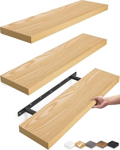 BAYKA Floating Shelves for Wall, 22.5 inches Wall Mounted Rustic Wood Shelves for Bathroom, Bedroom, Living Room, Floating Shelves for Books/Storage/Decor (Light Oak-Toned,Set of 3) - color: G. Oak-toned - Mid-century Revival Style, size: 22.5inches