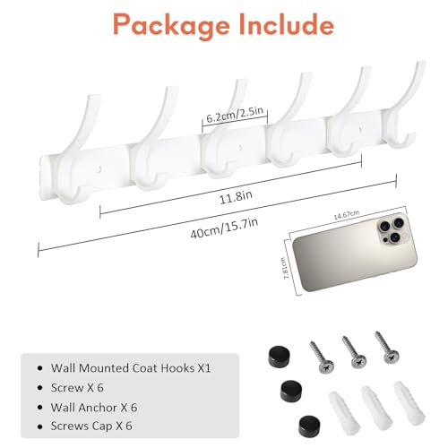 Optish Coat Rack Wall Mount, Coat Hook Wall Mount, Wall Hooks for Hanging, Hat Rack for Walls, Coats Hanger with 12 Hook, Towel Hooks for Bathrooms (2 Pack, White) - color: White, size: 2 Pack-12 Hook