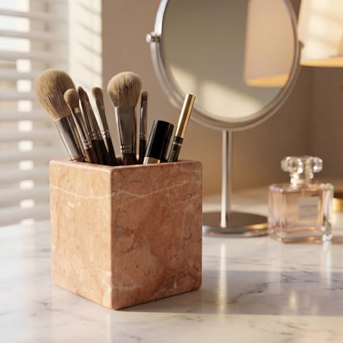 Natural Marble Pen Holder, 2.95” x 3.74” Square Makeup Brush Organizer, Toothbrush Holder, Multi-Purpose Marble Caddy for Desk, Bathroom Vanity, Small Flower Vase & Office Supplies (Rosa Verona) - color: Rosa Verona