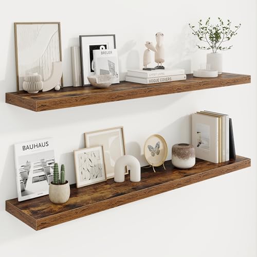 Marsmiles 48in Floating Shelves for Wall, 48" W x 9.25" D x 1.25" H, 2 Pack Long Wall Mounted Engineered Wood Shelves with Invisible Brackets for Living Room, Bedroom, Bathroom, Kitchen, Rustic Brown - color: Rustic Brown With Invisible Metal Brackets, si