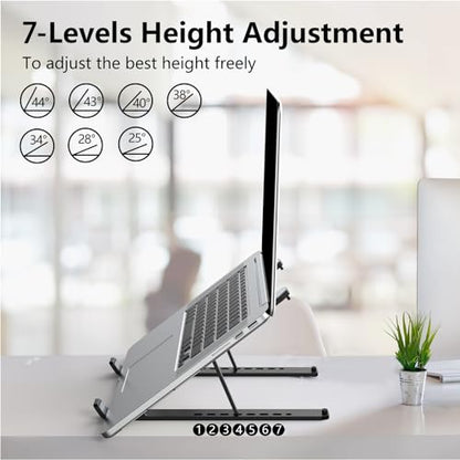 Tonmom Laptop Stand for Desk, Adjustable Laptop Riser ABS+Silicone Foldable Portable Notebook Holder, Ventilated Cooling Notebook Mount Computer Stand for 10-15.6” Laptops,Tablets-Black - color: Black