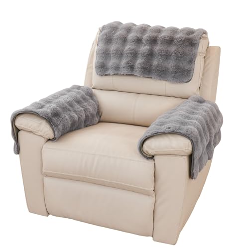 vctops 3 Pieces Faux Rabbit Fur Sofa Armrest Cover for Recliner Chair Non Slip Fluffy Furry Headrest Cover Soft Fuzzy Couch Cover for Dogs Washable Furniture Protector (Mid Grey,1 Seat) - color: Mid Grey