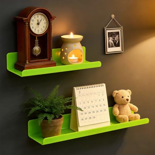 ROYALITA Small Acrylic Shelves Wall Mounted | Set of 2 | 17 Inches | Wall Hanging Plant Display Shelves, Room Decor Floating Wall Shelves for Gaming Room Bedroom, Living Room, Office, Green - color: Neon Green, size: 17 Inch