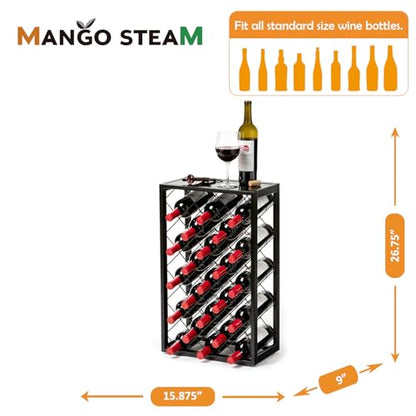 Mango Steam 23 Bottle Black Wine Rack with Glass Top Shelf, Free Standing for Home, Kitchen and Bar - color: Black, size: 23 Bottle
