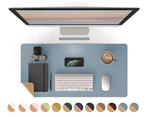 RENMTURE Dual-Sided Mouse Pad, Natural Cork & PU Leather Large Desk Pad for Office and Home Work, Desk Protector Non-Slip, Waterproof, Easy Clean (Blue Gray, 32"x16") - color: Blue Gray, size: 32"x16"