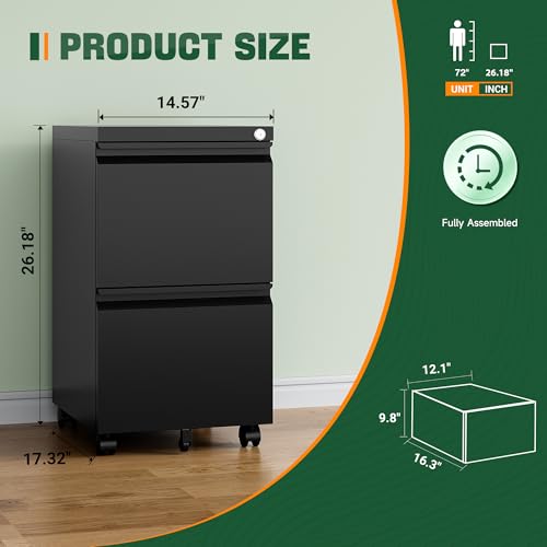 Letaya Mobile File Cabinet with Lock,2 Drawer Under Desk Metal Rolling Filing Cabinets for Home Office Organizer Letters/Legal/A4(Fully Assembled-Black) - color: Black, size: 14.57"W X 17.32"D X 26.18"H