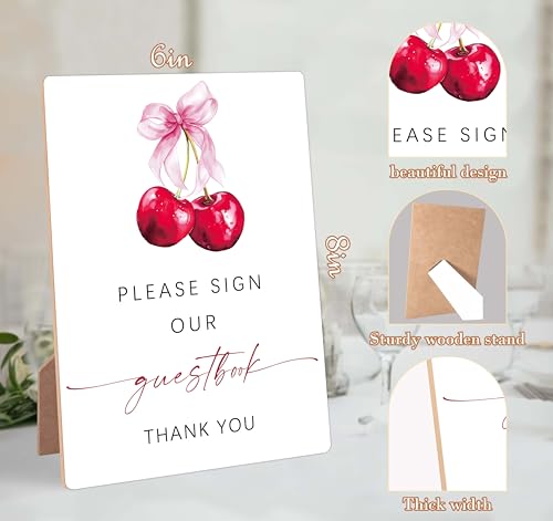 Cherry Wedding Signs for Reception, Pink Bow Please Sign Our Guestbook, Berry Wooden Wedding Signs with Stand, Pink Bow Bridal Shower Decoration, Bridal Shower Party Supplies for Reception, 14 - color: Wedding14