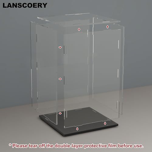 LANSCOERY Acrylic Display Case, 4x4x6 in, Upgraded Thickened UV-Resistant Showcase, 98% Clarity Dustproof Box with Glossy Black Base for Action Figures, LEGO & Models, Includes Scraper & LED Light - color: Black, size: 4x4x6inch; 10x10x15cm
