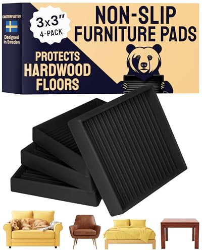 CasterMaster Square Caster Cups - 3x3 in Black, 4 Pack | Rubber furniture sliders & feet - noise-dampening - Use for furniture on hardwood, floor protection - color: Black, size: 3'' x 3'' (Pack of 4)