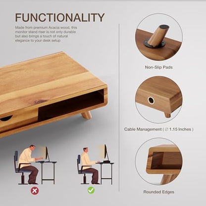 TINAMO Acacia Wood Monitor Stand with Drawer - Wooden Monitor Riser for Desk - Computer Monitor Stand for Desk - Multi-Purpose Desktop Storage Stand for Computer; Laptop; Printer; TV - 24.4 " x 8" x 5" (Patented)