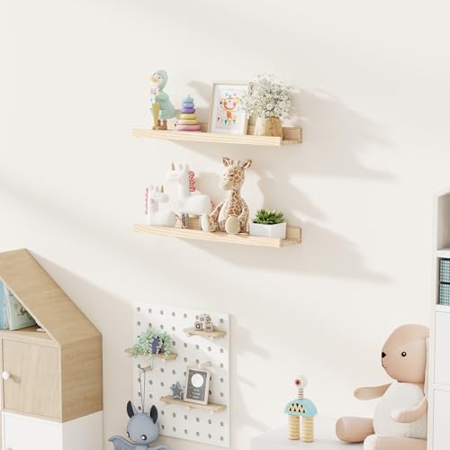 Picture Ledge Shelf, 24 inch Solid Wood Floating Shelves, Picture Shelf for Wall with Ledge, Floating Book Shelves for living room Bedroom Kitchen Nursery Decor, Natural Unfinished, Set of 2 - color: Usa-sourced Pine Wood Natural Unfinished, size: 24in