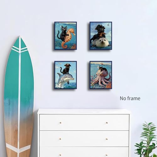 4 Pieces Black Cat Wall Art,Funny Quirky Cat and Octopus Pictures Canvas Print,Bathroom Wall Art,Abstract Animals Seahorse Manatee Dolphin Octopus Poster Decor for Home Decor,No Frame（8"x10"inch） - color: 8x10inch（unframed) Funny Quirky Cat and Octopus Pi