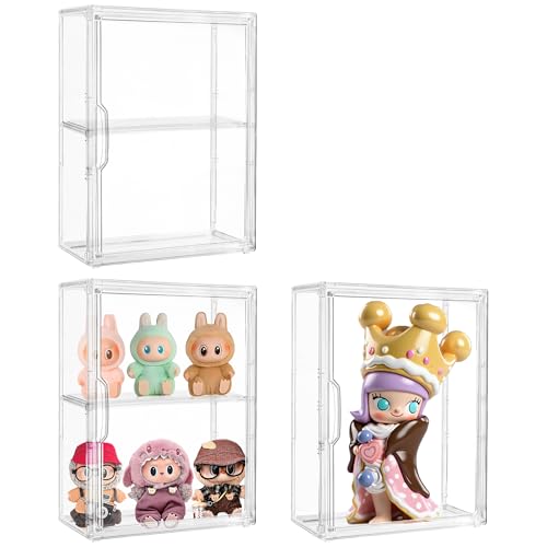 Acrylic Display Case Compatible with Labubu POP MART,3 Pack Clear Display Cases for Figure Collectibles, Stackable Figure Display Box with Magnetic Door and Movable Dividers - size: 3 pack
