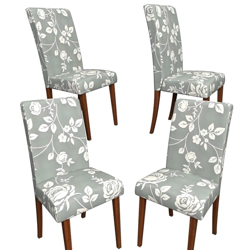 Stretch Dining Chair Covers Set of 4,Floral Print Chair Covers,Soft Removable Washable,Pet Friendly Furniture Protector,Universal Chair Slipcovers for Home, Kitchen,Ceremony Dining Room Seat - color: A-gray- Rose Vine Pattern, size: 4PCS