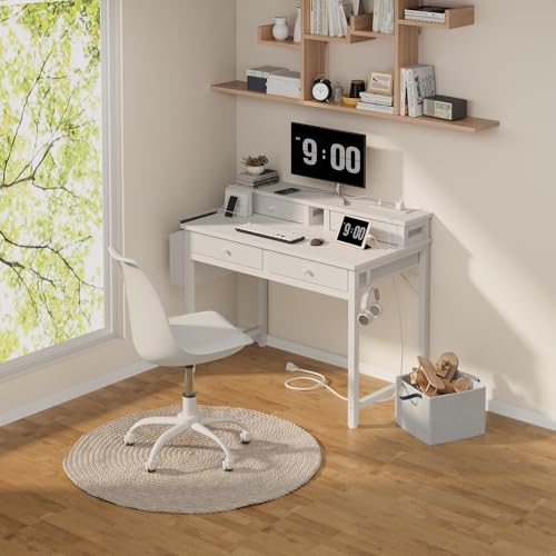 Lufeiya Small White Kids Desk with Fabric Drawers for Bedroom, 32 inch Vanity Makeup Desk with Drawers Storage for Home Office, Writing Study Table with Power Outlet & Monitor Stand, White - color: White