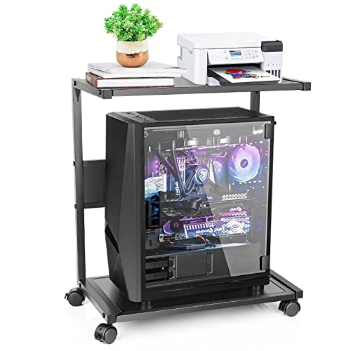Bfttlity PC Stand Computer Tower Stand 2-Tier Metal CPU Holder with Locking Caster Wheels Suitable for Most PC (L, Black) - size: Large-Black