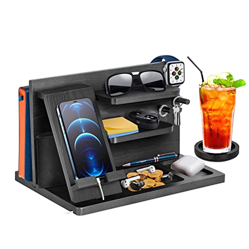 Gifts for Men Bedside Organiser Wood Phone Docking Station Dad Birthday Gifts for Him Nightstand Key Wallet Watch Stand Mens Gifts for Xmas Presents for Dad Husband Boyfriend Anniversary & Christmas - color: Black