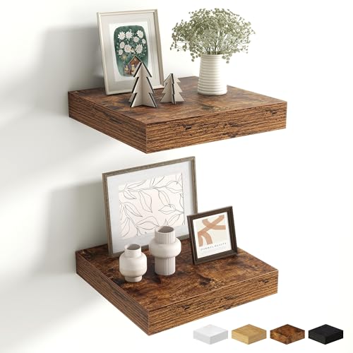 Fun Memories Floating Shelves for Wall - 10" x 10" Wood Shelf with Invisible Bracket - Deep Floating Shelves - 10 Inch Shelf Wall-Mounted for Living Room & Bathroom - Rustic Brown - Set of 2 - color: Brown Color, size: 10W x 10D x 1.5H