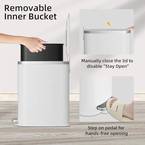 KUK Slim Bathroom Trash Can with Lid Soft Close, Step Pedal, 2.6 Gal/ 10L Stainless Steel Garbage Can with Removable Inner Bucket, Anti-Fingerprint Wastebasket for Office, Bedroom, Toilet (White) - color: Matt White-P2