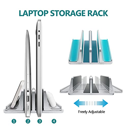 Vertical Laptop Stand for Desk Metal Heavy Duty, 4 Slots Adjustable 4in1 Vertical MacBook Stand Rack Pro Holder Compatible w' All Surface Dell Samsung HP Chromebook Upto 17.5' - Sliver
