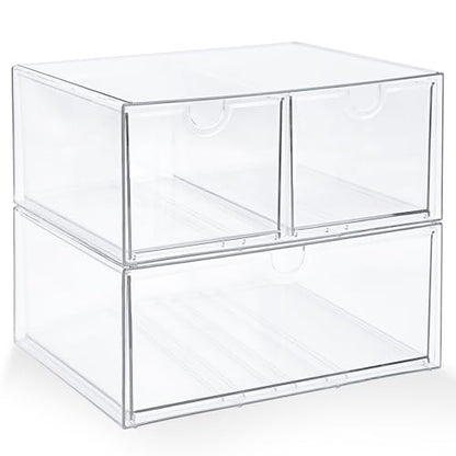 Prsildan Acrylic Drawer Makeup Organizer with 3 Drawers, Clear Stackable Storage for Baby Bottles, Craft, Jewelry & Hair Accessories, Multi-Use for Vanity, Countertop, Office Desk Organization - style: 3 Drawers