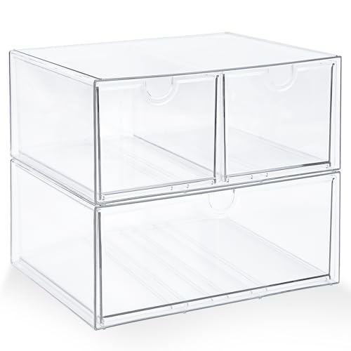 Prsildan Acrylic Drawer Makeup Organizer with 3 Drawers, Clear Stackable Storage for Baby Bottles, Craft, Jewelry & Hair Accessories, Multi-Use for Vanity, Countertop, Office Desk Organization - style: 3 Drawers