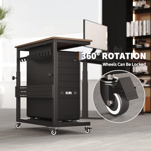 Garvee Computer Tower Stand, 2-Tire PC Stand with Rolling Wheels, Line Storage Rack, Adjustable Under Desk PC Cart, Mobile Rolling CPU Holder Cart for Home Office Gaming, Brown