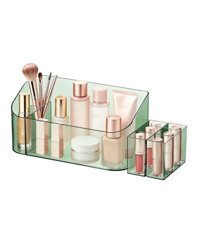 Makeup Tray Holder Organizer Cosmetic Display Case Tabletop Desktop Vanity Countertop Bathroom Wall Cabinet Medicine Storage Box 9 Dividers 2 Removable Women Ladies Girls Gifts Crystal Green 1 PACK - color: Crystal Green