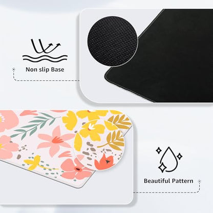 iCasso Desk Matt for Desktop, Cute Desk Pad Mat, XXL Large Mouse Pad, Anti-Slip Big Mousepad with Stitched Edges, Keyboard Pad Mouse Mat for Computer, Work, Gaming (Flowers Leaves) - color: Flowers Leaves