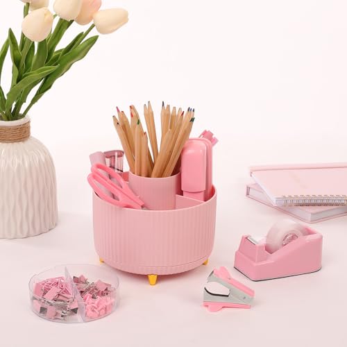SKYDUE Pink Desk Accessories 10Pcs, Rotating Pen Holder for Desk, Stapler, Staple Remover, Tape Dispenser,2pcs Tape Refills, Binder Paper Clips Kit, Scissor,Pink Office School Supplies - color: Pink